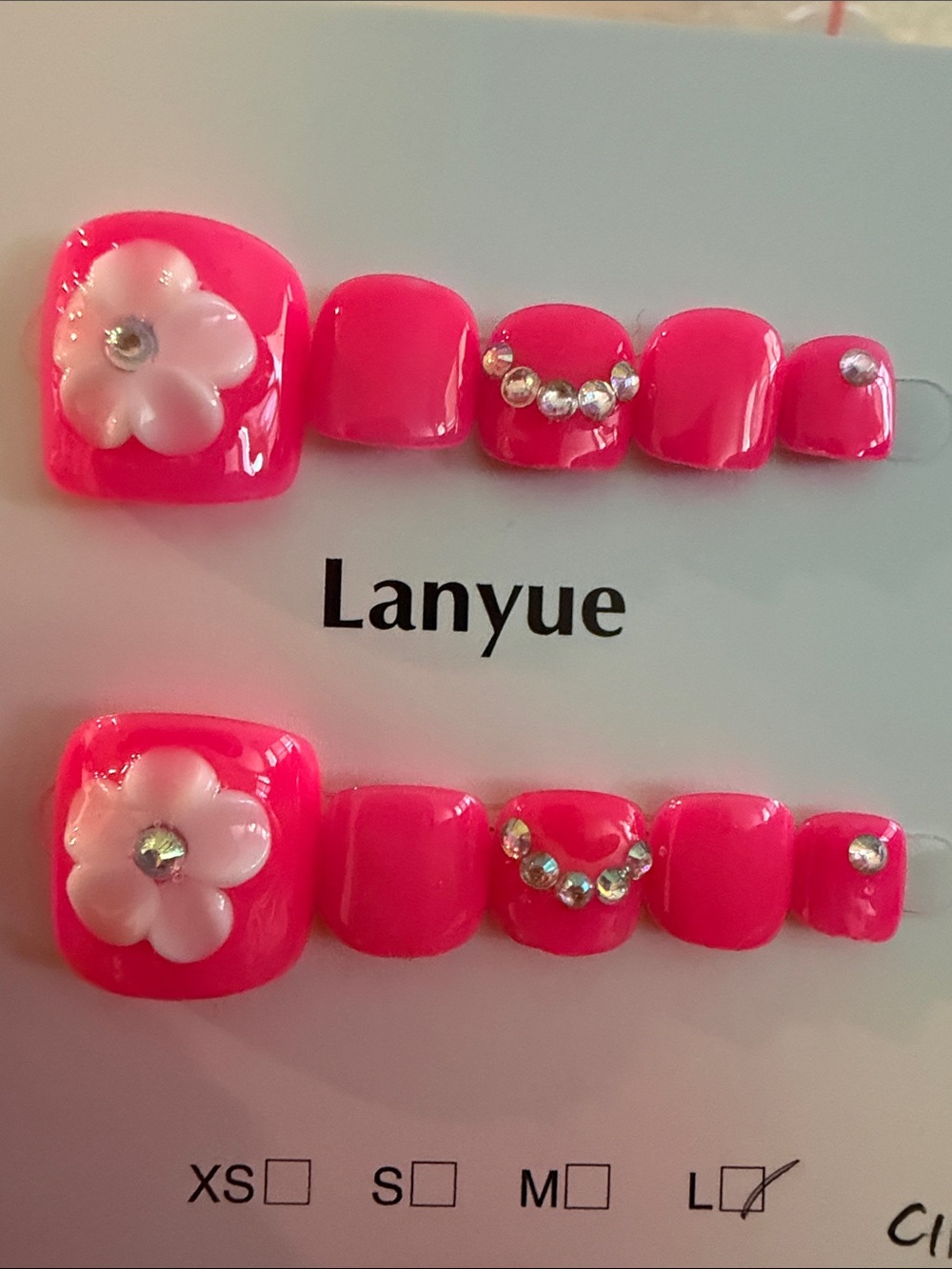 Bright Hot Pink 3D Floral handmade acrylic Toe Press-On Nails with Rhinestones